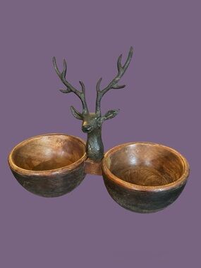 Mudpie Wood Double Dip Bowl Metal Stag Deer Head Antlers